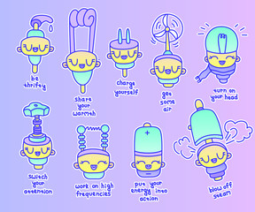 Cute vector multi-colored stickers of household appliances and various mechanisms with wise inscriptions. Unusual illustrations to decorate your diary, website design or mobile application.