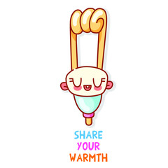 Cute electric heater with rosy cheeks. A kind lettering share your warmth. Vector isolated illustration for design of clothes, applications or game. Sticker to decorate your diary. World Kindness Day.