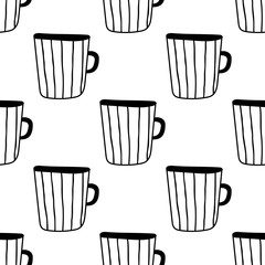 Tea and coffee mugs. Seamless pattern. Black and white illustration for coloring book