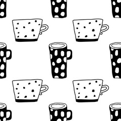 Tea and coffee mugs. Seamless pattern. Black and white illustration for coloring book