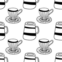 Black and white illustration of tea or coffee mugs. Seamless pattern for coloring book, page.