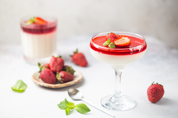 Italian panna cotta dessert with strawberry sirup and mint leaf