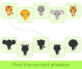 Clip cards game template find correct shadow. Matching game for children. Educational activity for preschool years kids and toddlers. Set of cartoon animals. Vector stock illustration.