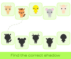 Clip cards game template find correct shadow. Matching game for children. Educational activity for preschool years kids and toddlers. Set of cartoon animals. Vector stock illustration.