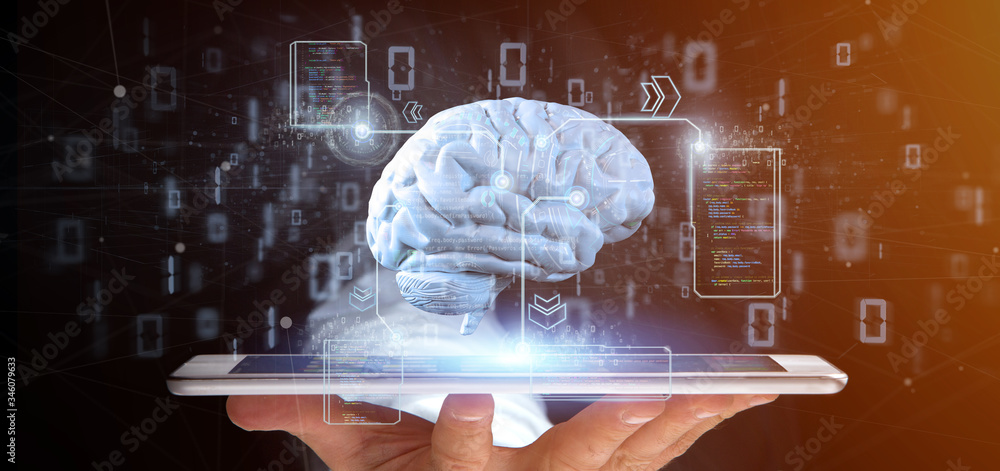 Aufkleber businessman holding a intelligence artificial brain with data - 3d rendering