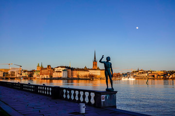 Stockholm, Sweden Sunset and a view towards Riddarholmen and Old Town or Gamla Stan.