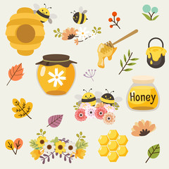 The collection of cute bee and honey and flower and leaf in the pack in flat vector style. Graphic resource about bee
for background, graphic,content , banner, sticker and greeting card.
