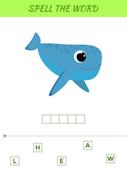 Spelling word scramble game template. Educational activity for preschool years kids and toddlers with cute whale. Flat vector stock illustration.
