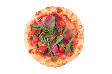 Pizza with ham, tomatoes, arugula and mushrooms on a white background.