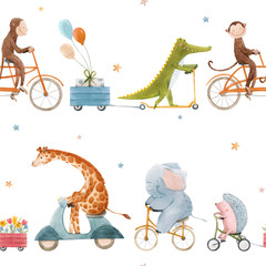 Beautiful seamless pattern for children with watercolor hand drawn cute animals on transport. Stock illustration.