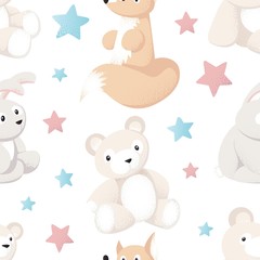 Seamless pattern with forest animals toys on white for baby products