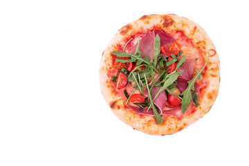 Pizza with ham, tomatoes, arugula and mushrooms on a white background.