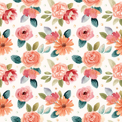 peach green flower watercolor seamless pattern