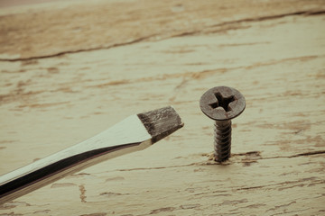 Wrong tool for this job. Screw and screwdriver on old wooden background. Recruitment, HR human...