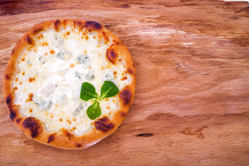 Delicious fresh pizza with cream on wood background