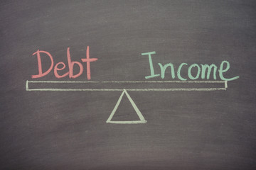 Text word debt and income balance on seesaw drawing writing on chalkboard or blackboard background. Concept of business, personal financial and risk management. Real photo, not illustration.