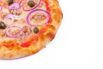 Pizza with tuna, onions and capers on a white background