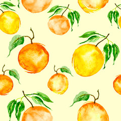 Obraz premium Watercolor painting, vintage seamless pattern - tropical fruits, citrus, slices of lemon, orange, grapefruit. Splash of paint yellow, red and orange. pattern of mandarin, orange, citrus leaves. 