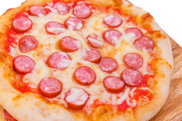 Tasty pepperoni pizza. Top view of hot pepperoni pizza. Close up