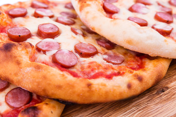 Tasty pepperoni pizza. Top view of hot pepperoni pizza. Close up