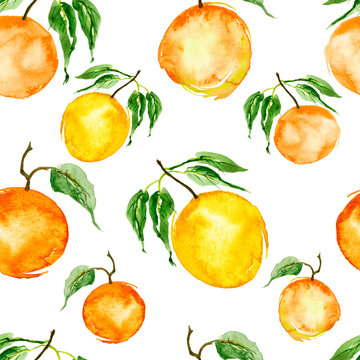 Watercolor painting, vintage seamless pattern - tropical fruits, citrus, slices of lemon, orange,  grapefruit. Splash of paint yellow, red and orange. pattern of mandarin, orange, citrus leaves. 