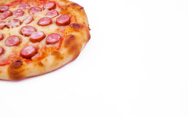 Tasty pizza with cheese, tomatoes and slices of sausage on a white background
