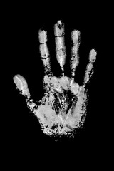 White print of human hand black background isolated closeup, handprint watercolor illustration, monochrome palm and fingers silhouette mark, one hand shape painted stamp, drawing imprint, sign, symbol