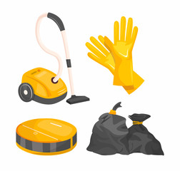 Cleaning tools set cartoon vector illustration isolated on white background. Robotic and classic vacuum cleaner, yellow gloves, garbage bags. Household cleaning utensil set. 