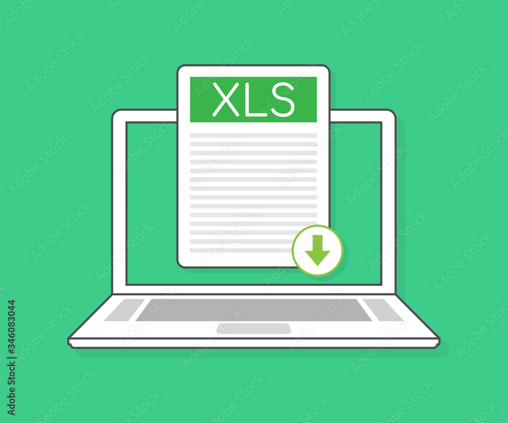 Poster download xls button on laptop screen. downloading document concept. file with xls label and down arr