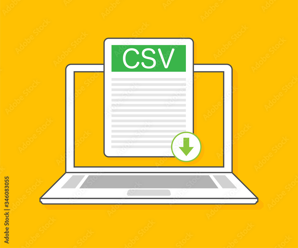 Poster download csv button on laptop screen. downloading document concept. file with csv label and down arr