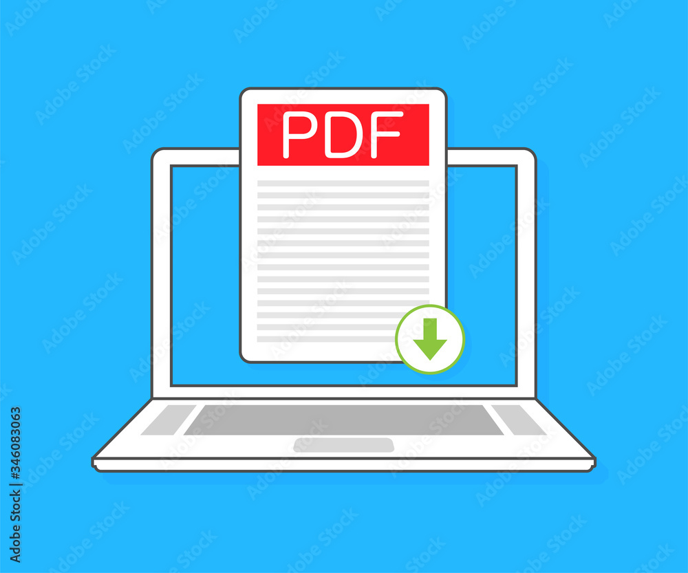 Poster download pdf button on laptop screen. downloading document concept. file with pdf label and down arr