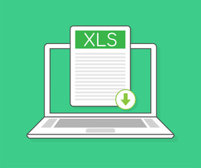 Download XLS button on laptop screen. Downloading document concept. File with XLS label and down arrow sign. Vector illustration.