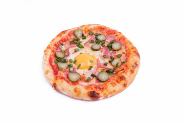 Tasty pizza with cheese, tomatoes, slices of ham and egg on a white background
