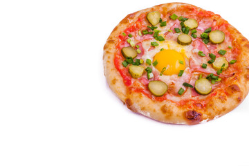 Tasty pizza with cheese, tomatoes, slices of ham and egg on a white background