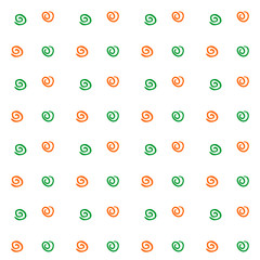 Seamless pattern texture of simple vector green orange elements spirals helixes on white background. For greeting cards, wrapping paper, birthday, fabric, textile, web