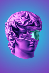 Obraz premium Collage with plaster antique sculpture of human face in a pop art style. Creative concept colorful neon image with ancient statue head. Cyberpunk, webpunk and surreal style poster.