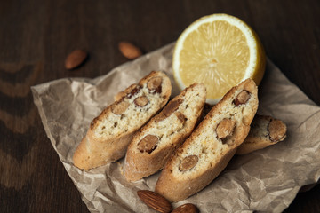 Homemade Italian cookies cantuccini and almond seeds