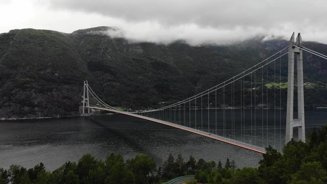Aerial view. Hardanger bridge over fjord Eidfjorden in Norway, Scandinavia, Hordaland county