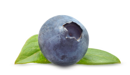 Blueberriy macro with green leaf isolated on white