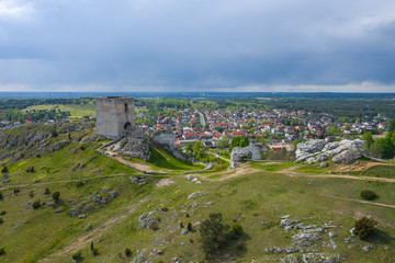 Aerial view of Castle Hill in Olsztyn. Medieval fortress ruins in the Jura region near Czestochowa. Silesian Voivodeship. Poland. Central Europe.
