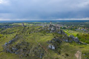 Aerial view of Castle Hill in Olsztyn. Medieval fortress ruins in the Jura region near Czestochowa. Silesian Voivodeship. Poland. Central Europe.