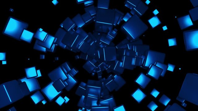Accumulation and radial rotation of many cubes, computer generated. 3d rendering technological background