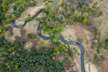 Aerial view of the Warta river with many meanders. Jura region near Czestochowa. Silesian Voivodeship. Poland.