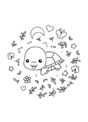 Coloring pages, black and white cute kawaii hand drawn turtle doodles, circle print