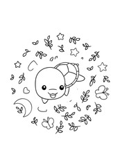Coloring pages, black and white cute kawaii hand drawn turtle doodles, circle print