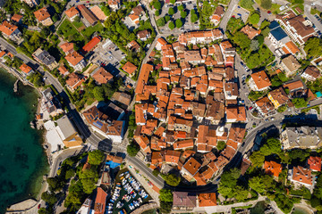 Croatia, Adriatic coast, beautiful old town of Lovran, historic center and coastline aerial overhead view, Kvarner bay
