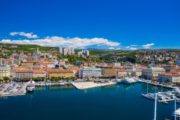 Fototapeta na wymiar Croatia, city of Rijeka, aerial panoramic view of city center, marina and harbour from drone 