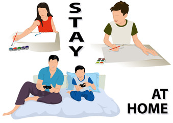 Drawing Illustration Stay at Home - Set of 3 Illustrations with Leisure Activity, Vector Graphic