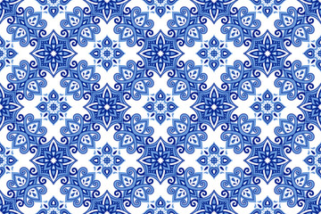 Fototapeta premium Azulejos ceramic tile design. Talavera tracery motif. Unique creative endless fill swatch. Portuguese, Spanish, Mexican, Brazilian folklore ornament. Ethnic style vector hand drawn seamless pattern.