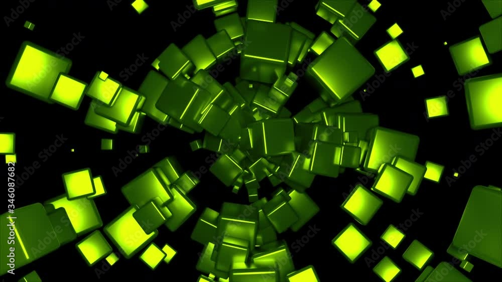 Aufkleber accumulation and radial rotation of many cubes, computer generated. 3d rendering technological backg